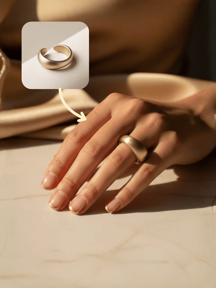 AI ring try-on image showing realistic hand model with accurate scale and lighting