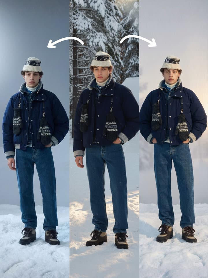 AI-powered fashion model staging with professional studio lighting and editorial composition